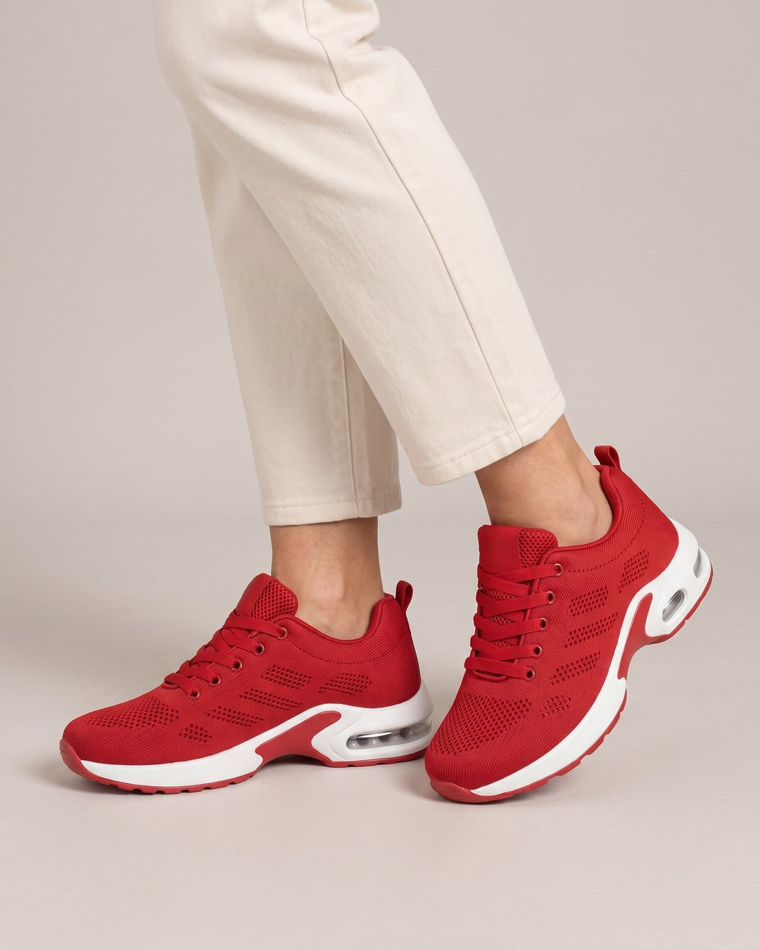 Breathable Mesh Comfort Trainer in Red, worn