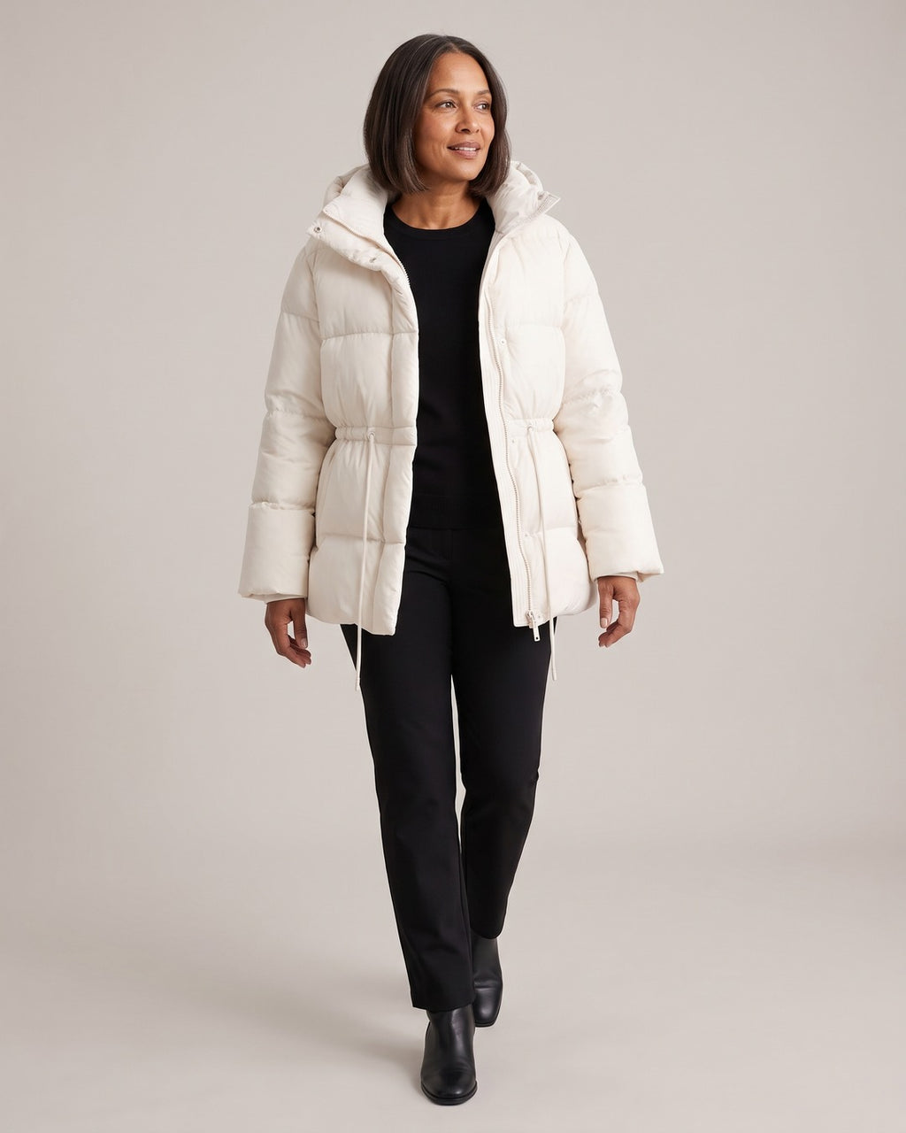 Cinched-Waist Hooded Puffer Jacket worn by a model
