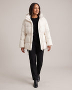 Cinched-Waist Hooded Puffer Jacket worn by a model