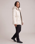 Cinched-Waist Hooded Puffer Jacket worn by a model, side view