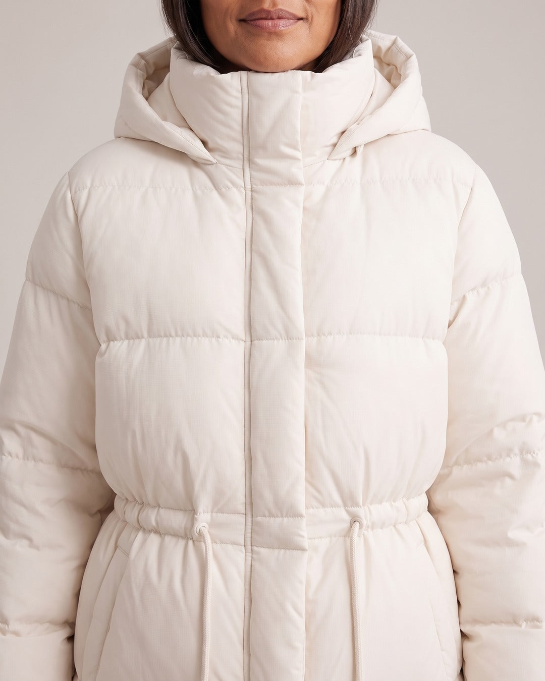 Cinched-Waist Hooded Puffer Jacket close-up detail