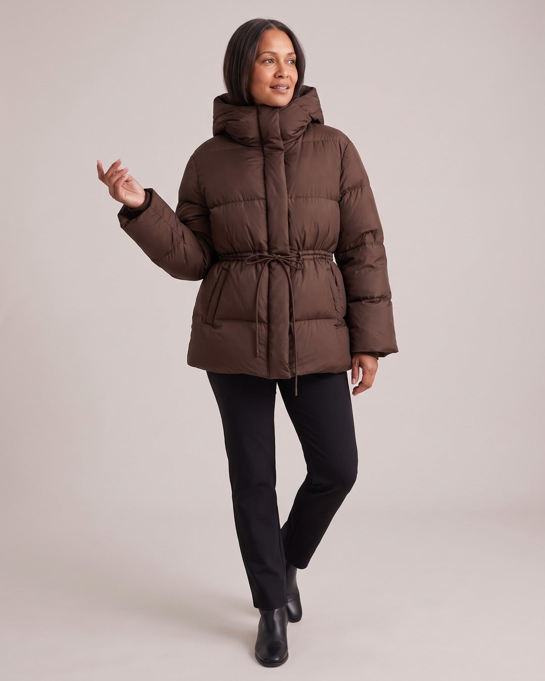 Cinched-Waist Hooded Puffer Jacket worn by a model, Brown