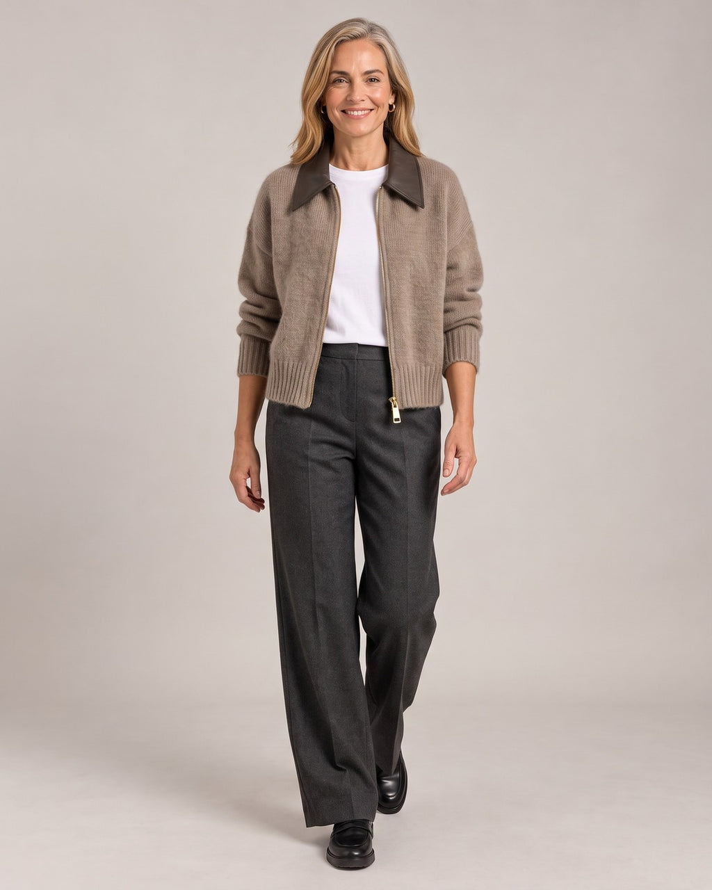 Contrast-Collar Zip Knit Cardigan worn by a model
