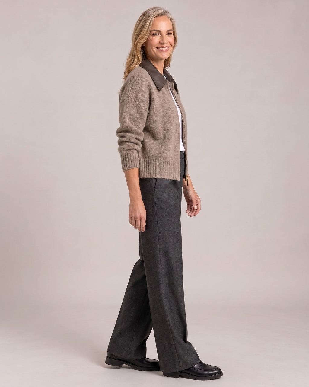 Contrast-Collar Zip Knit Cardigan worn by a model, side view