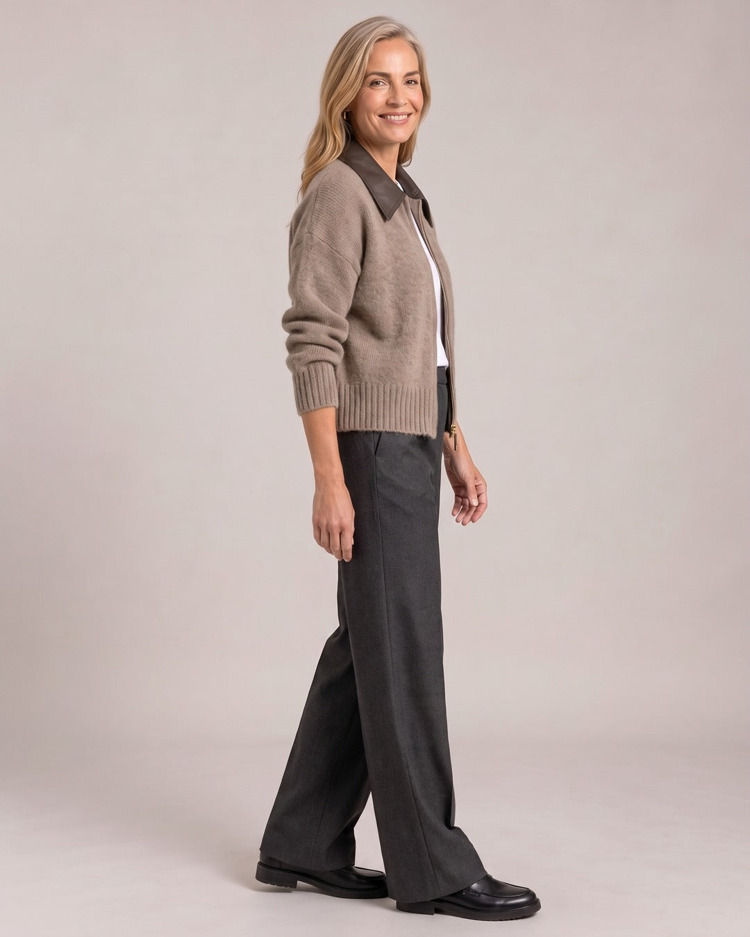 Contrast-Collar Zip Knit Cardigan worn by a model, side view