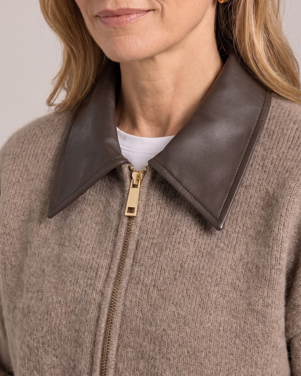 Contrast-Collar Zip Knit Cardigan close-up detail