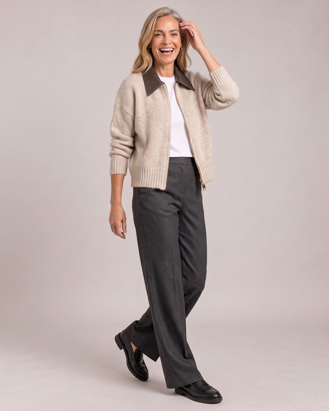 Contrast-Collar Zip Knit Cardigan worn by a model, Apricot