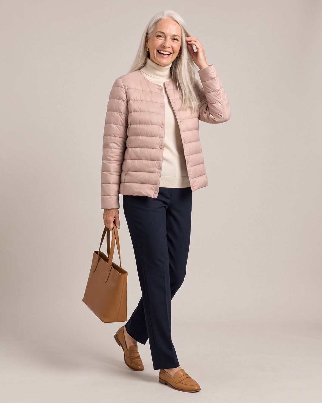Lightweight Collarless Down Jacket worn by a model