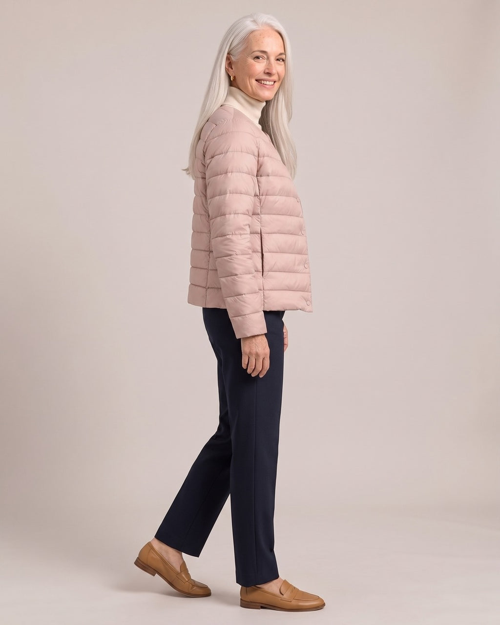 Lightweight Collarless Down Jacket worn by a model, side view