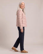 Lightweight Collarless Down Jacket worn by a model, side view