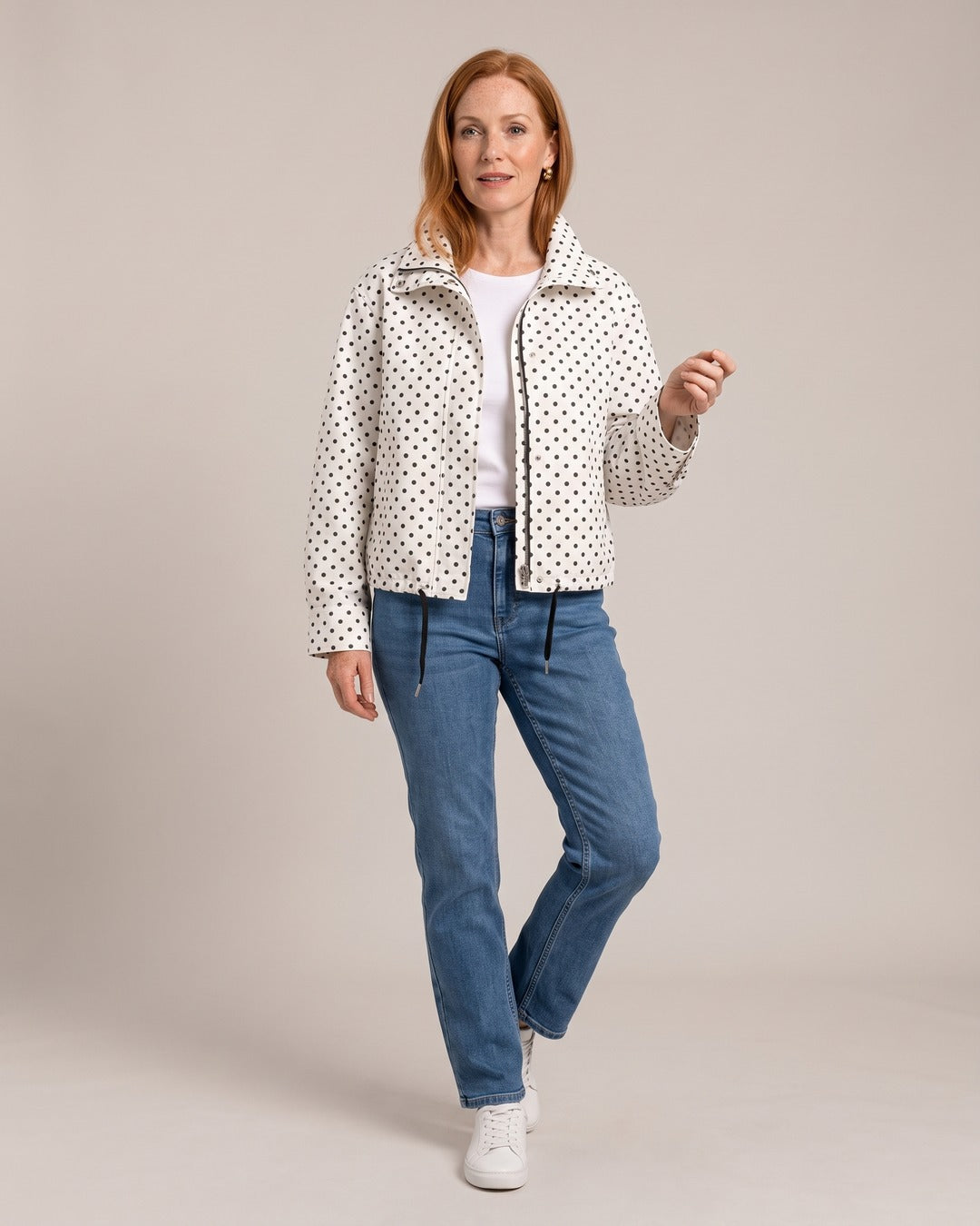 Polka Dot Drawstring Jacket worn by a model
