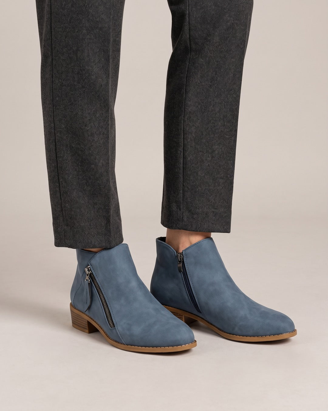 Side-Zip Ankle Boot in Denim Blue, worn