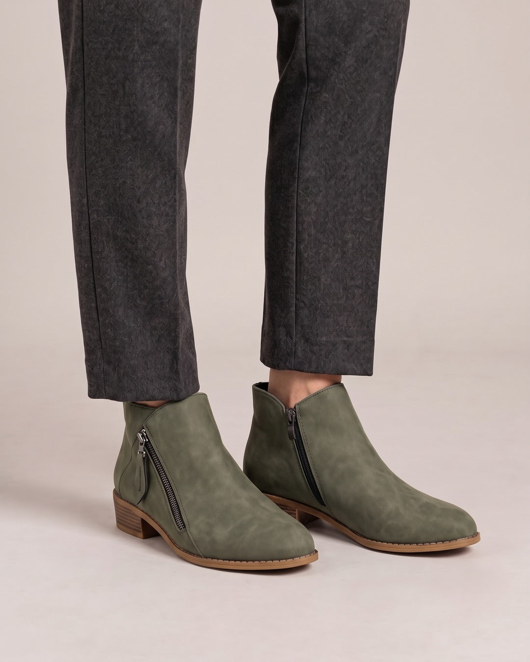 Side-Zip Ankle Boot in Olive, worn