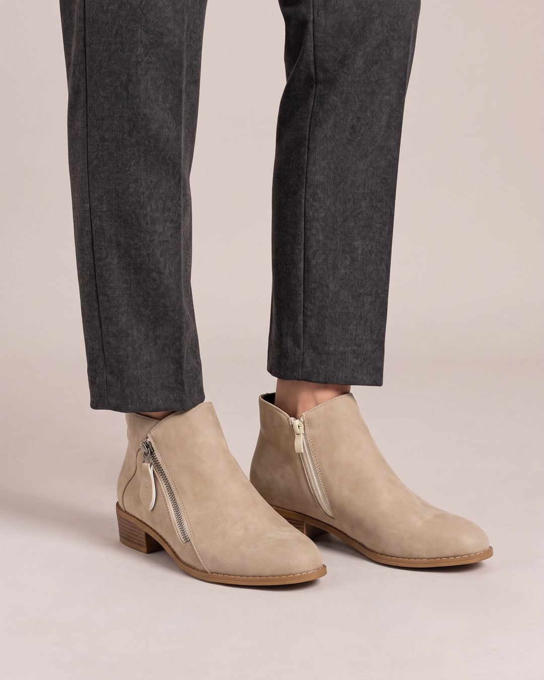 Side-Zip Ankle Boot in Taupe, worn