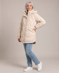 Longline Diamond-Quilted Puffer worn by a model