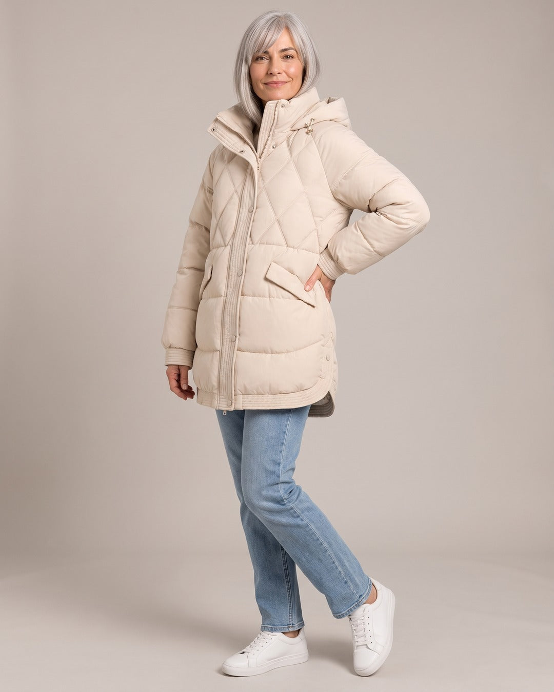 Longline Diamond-Quilted Puffer worn by a model