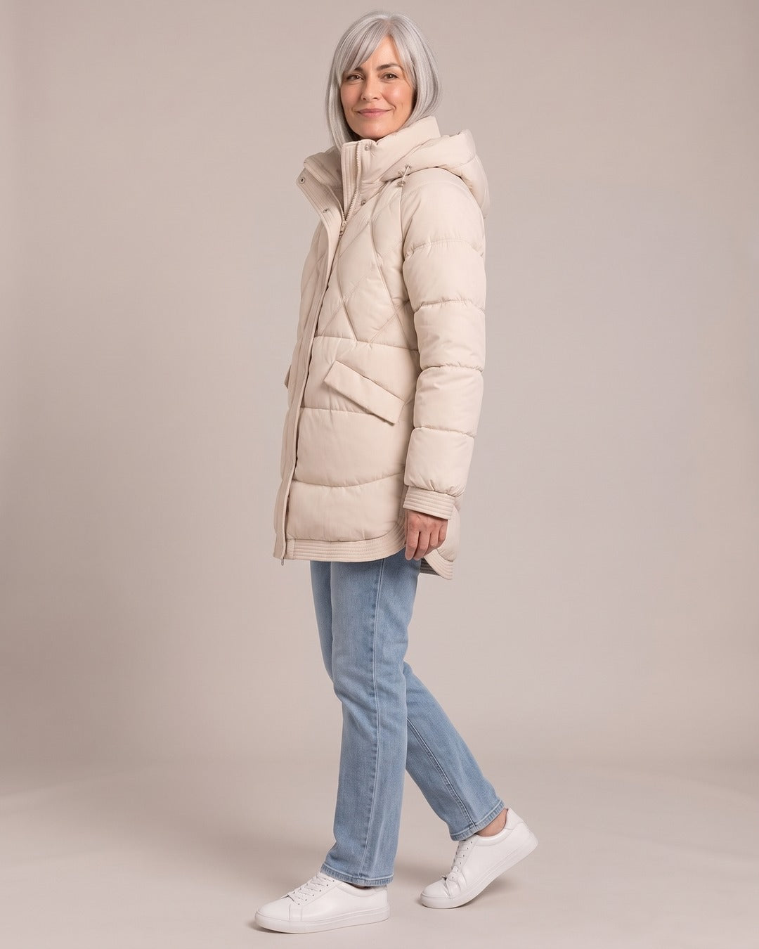 Longline Diamond-Quilted Puffer worn by a model, side view, Apricot