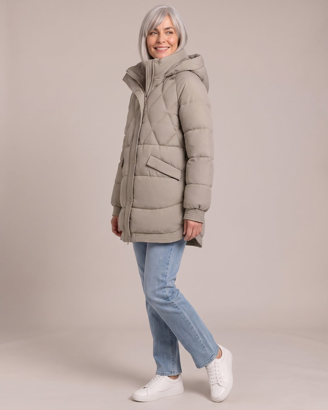 Longline Diamond-Quilted Puffer worn by a model, Khaki