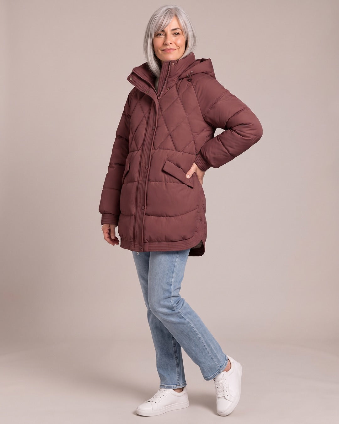 Longline Diamond-Quilted Puffer worn by a model, Red