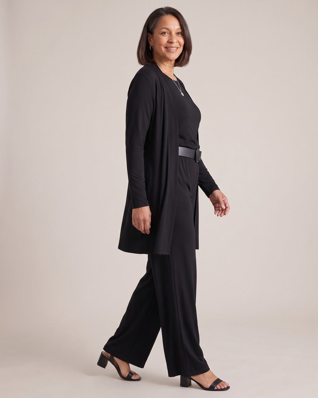 Longline Cardigan, Top & Trouser Set worn by a model, side view