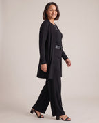 Longline Cardigan, Top & Trouser Set worn by a model, side view