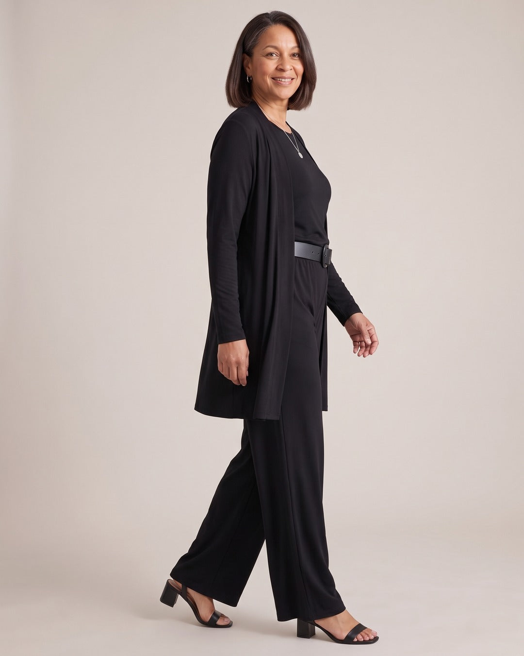 Longline Cardigan, Top & Trouser Set worn by a model, side view