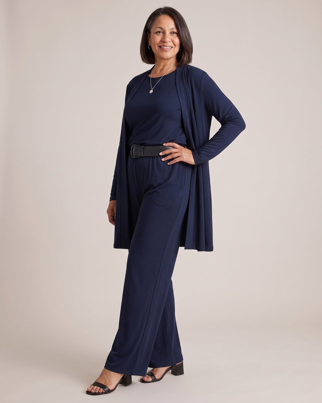 Longline Cardigan, Top & Trouser Set worn by a model, Blue