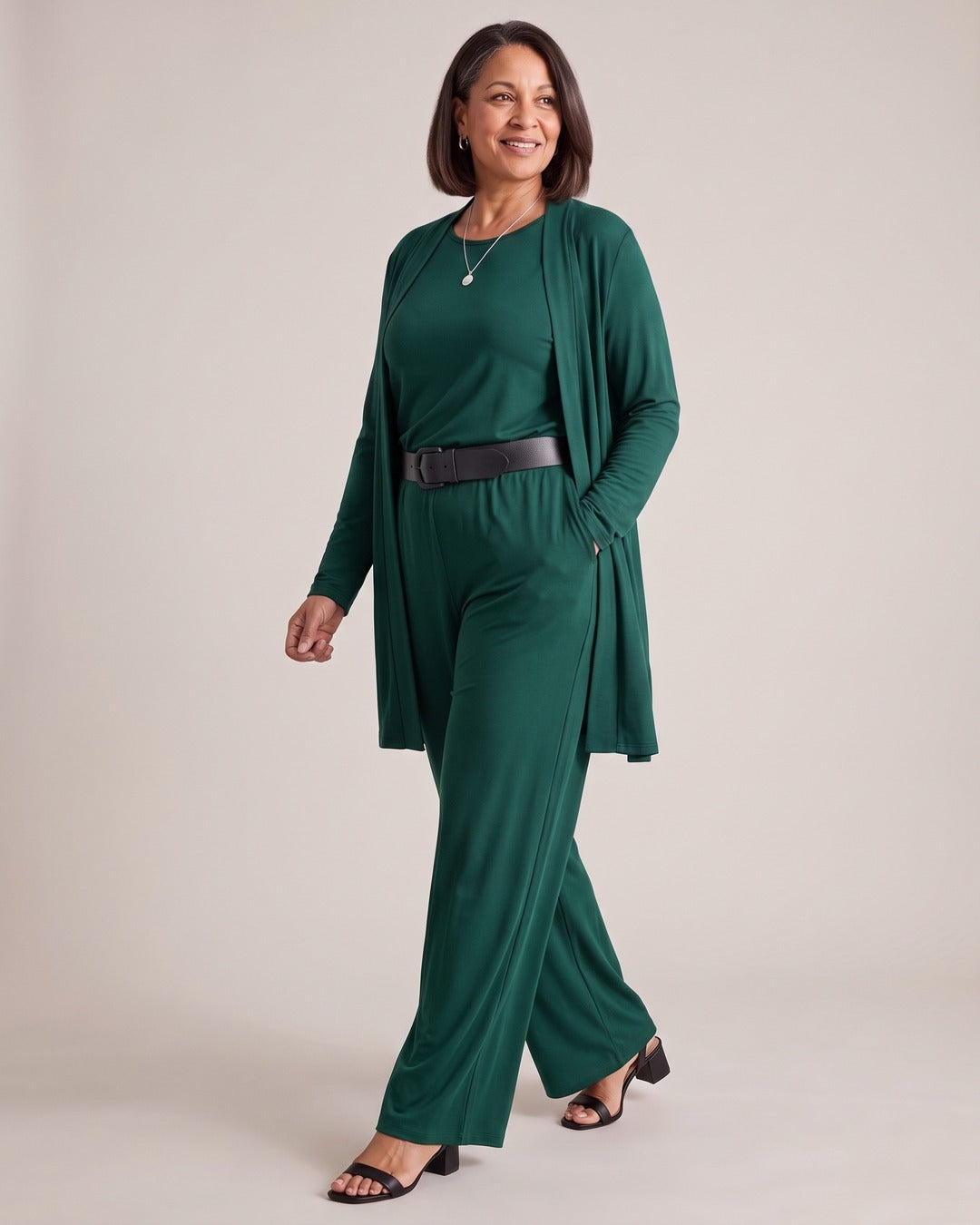Longline Cardigan, Top & Trouser Set worn by a model, Green