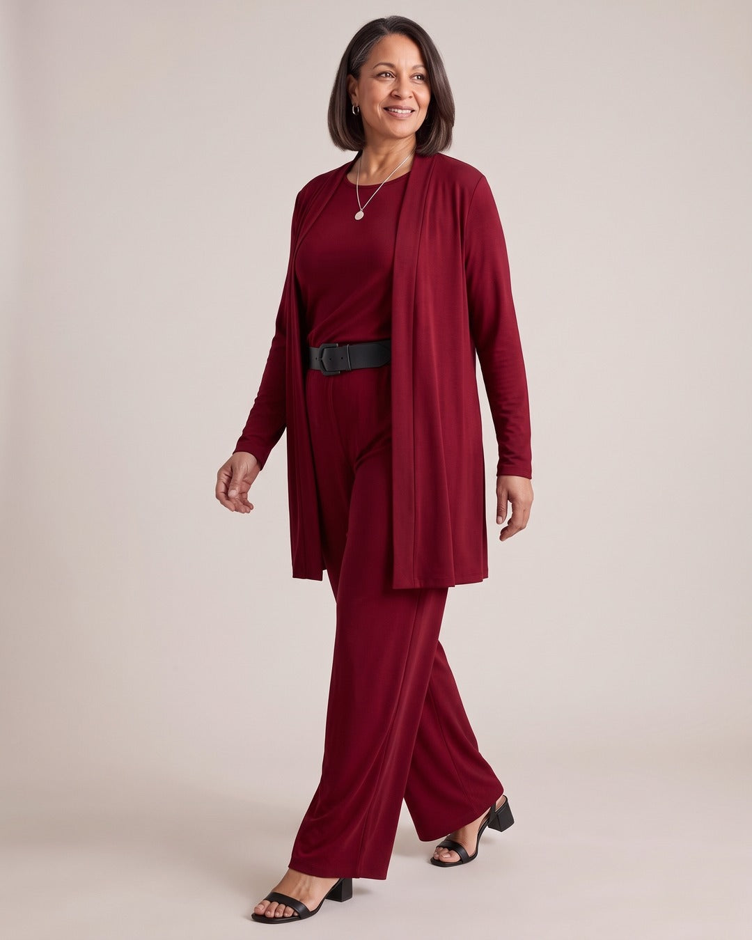 Longline Cardigan, Top & Trouser Set worn by a model, Red