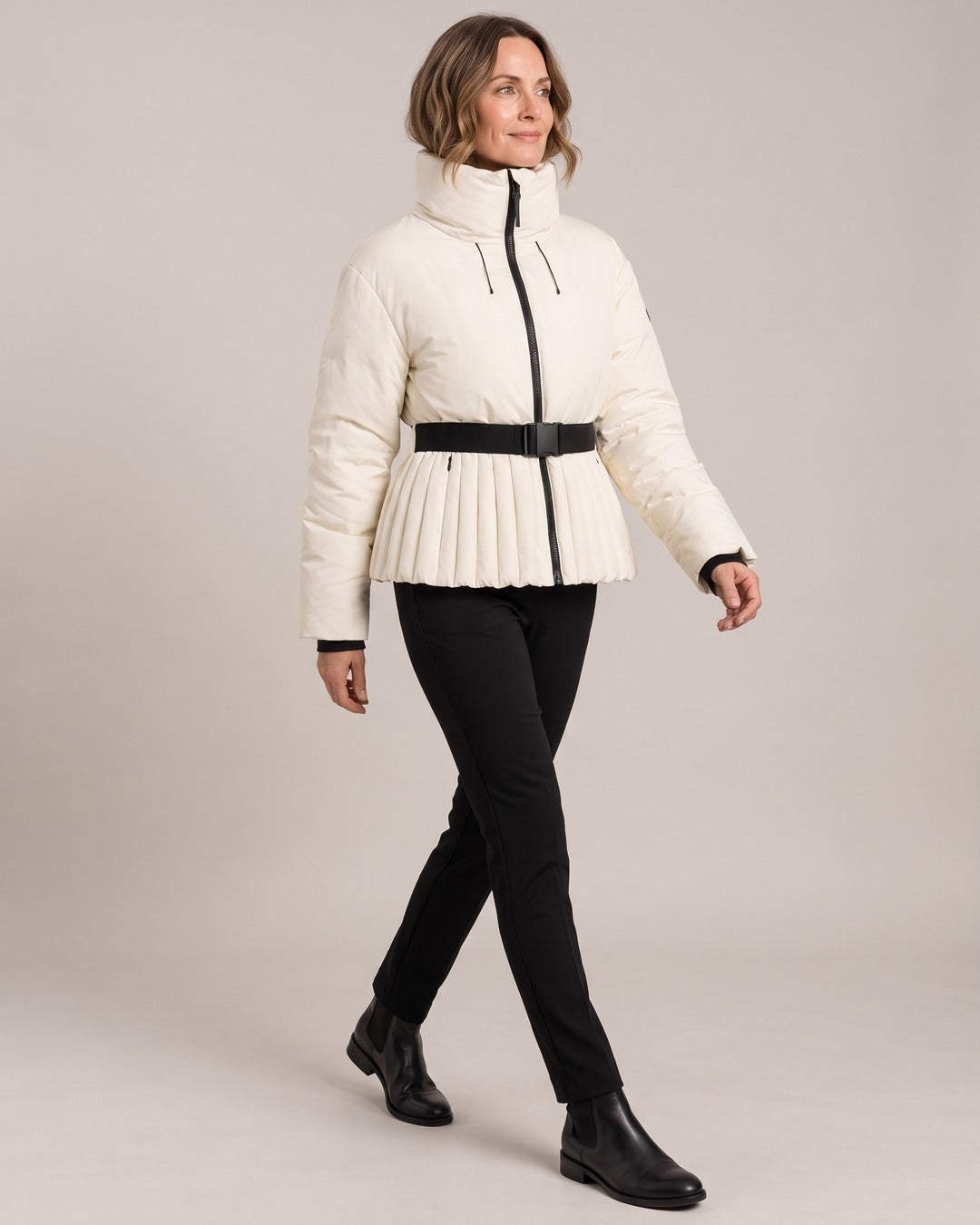 Belted Pleated-Waist Puffer worn by a model