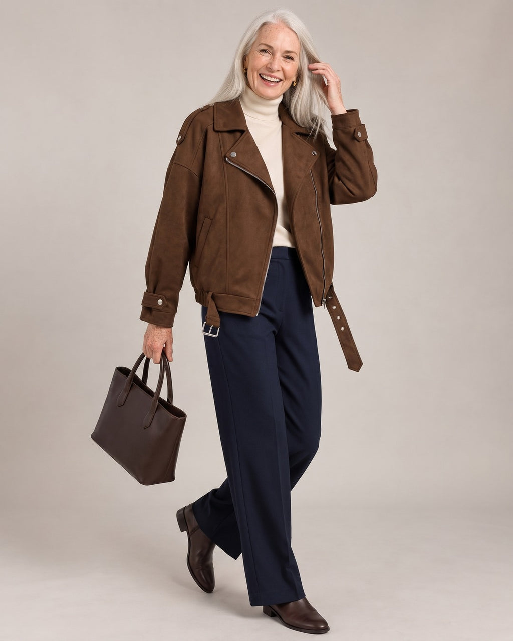 Cropped Zip Biker Jacket worn by a model