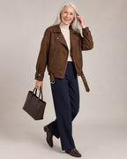 Cropped Zip Biker Jacket worn by a model