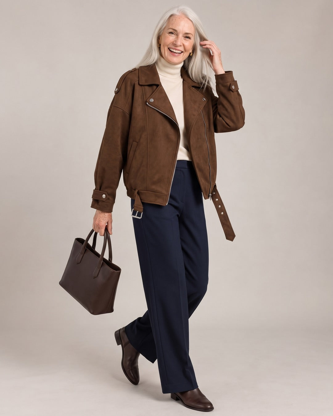 Cropped Zip Biker Jacket worn by a model