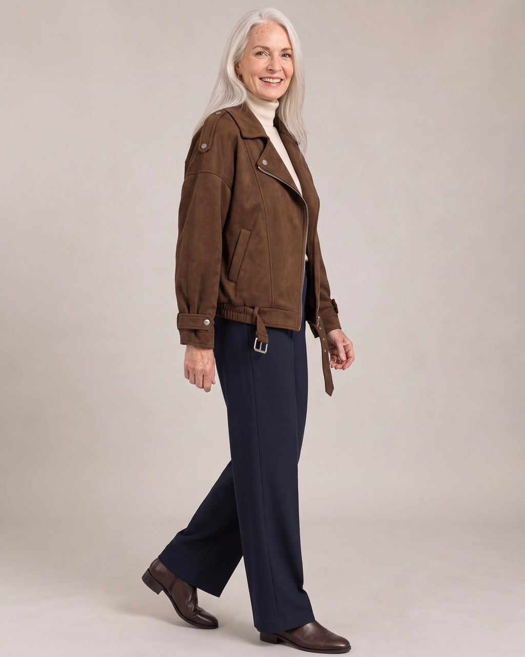 Cropped Zip Biker Jacket worn by a model, side view