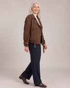 Cropped Zip Biker Jacket worn by a model, side view
