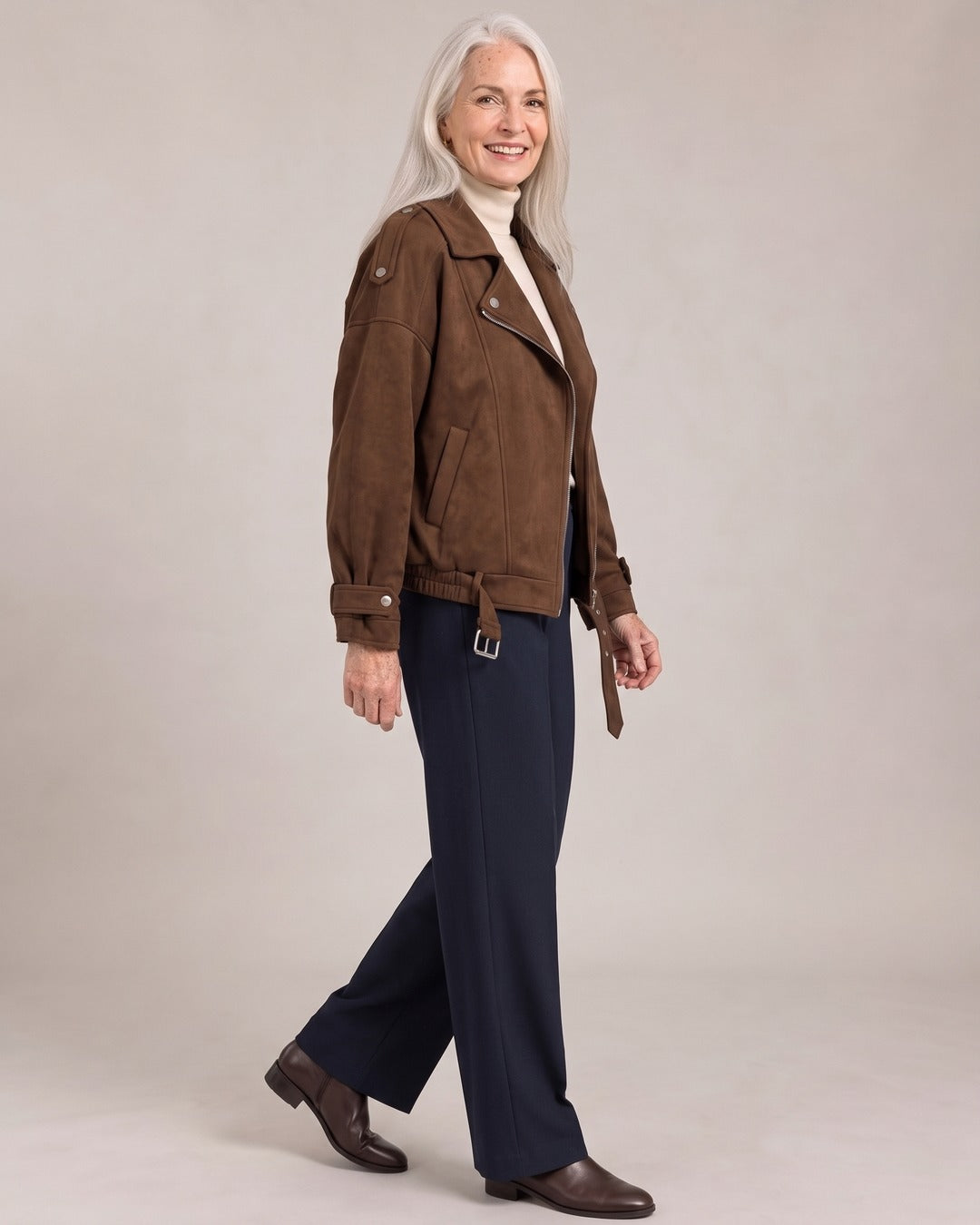 Cropped Zip Biker Jacket worn by a model, side view
