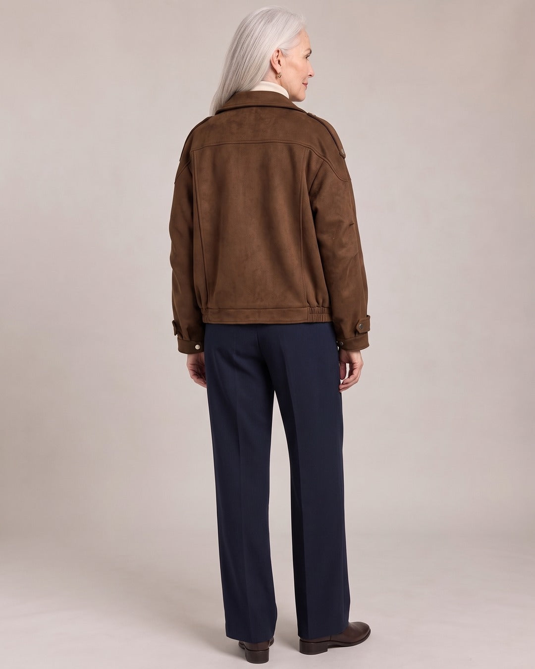 Cropped Zip Biker Jacket worn by a model, back view