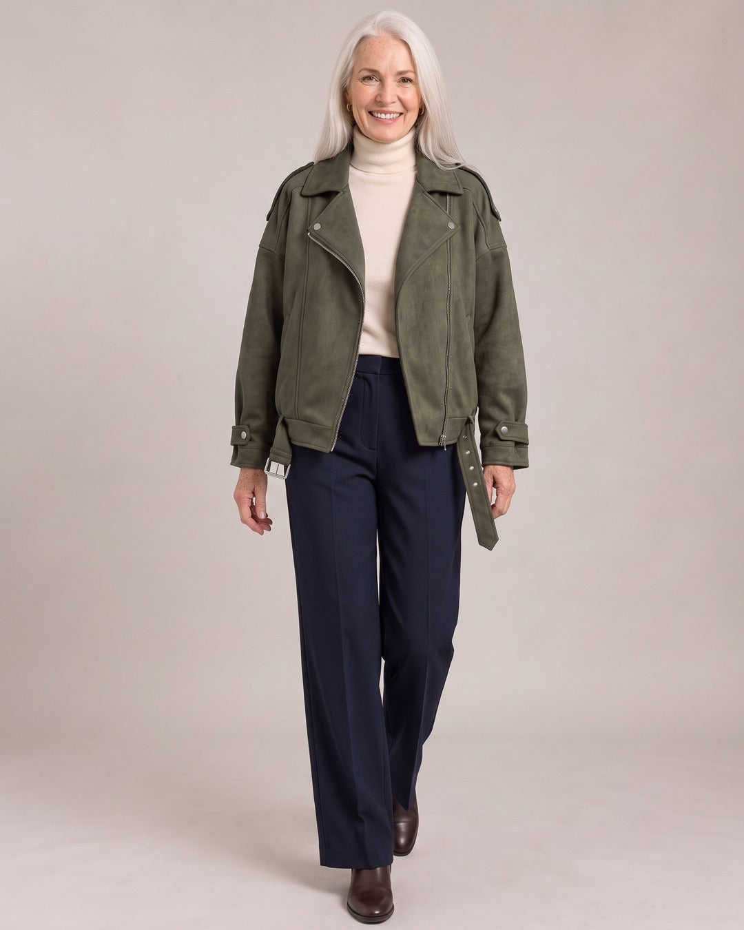 Cropped Zip Biker Jacket worn by a model, Army Green