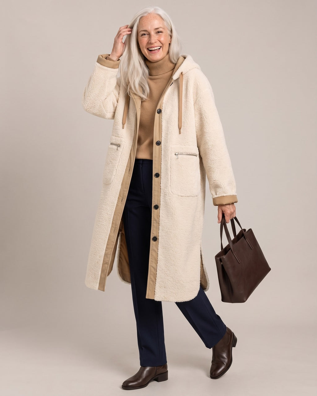 Hooded Longline Teddy Coat worn by a model