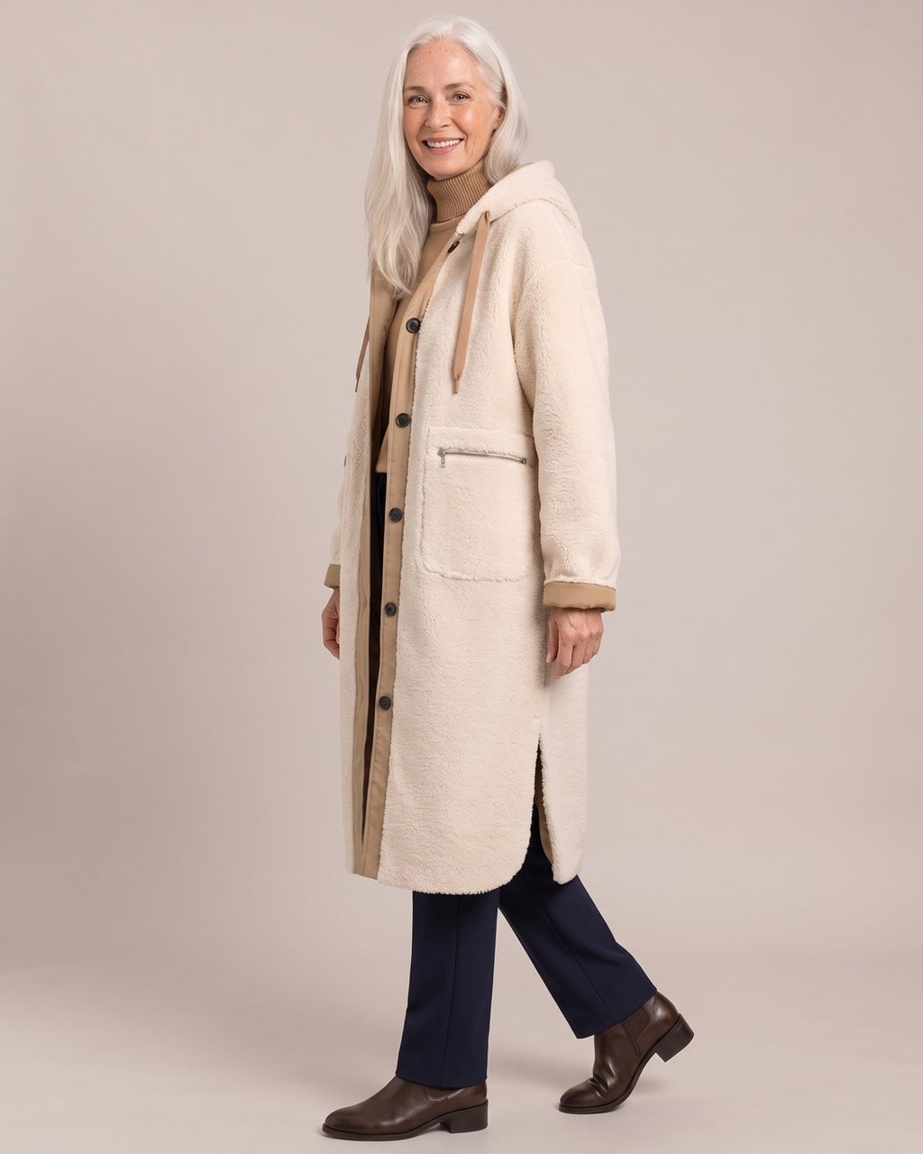 Hooded Longline Teddy Coat worn by a model, side view