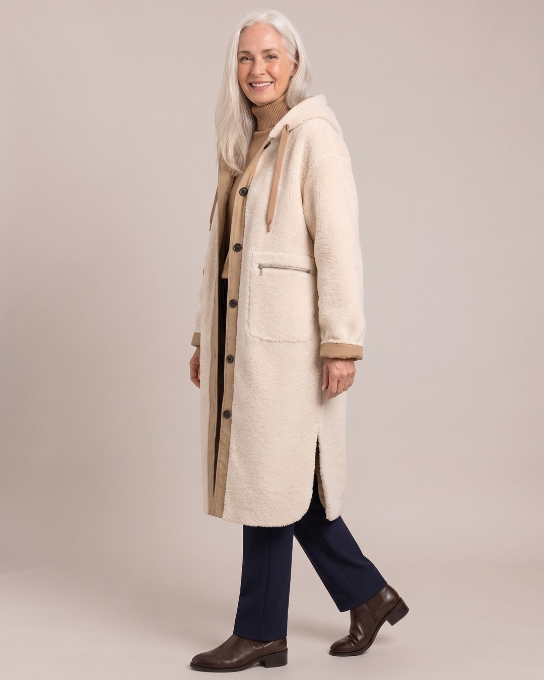 Hooded Longline Teddy Coat worn by a model, side view