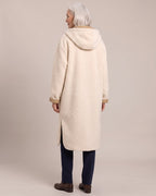 Hooded Longline Teddy Coat worn by a model, back view