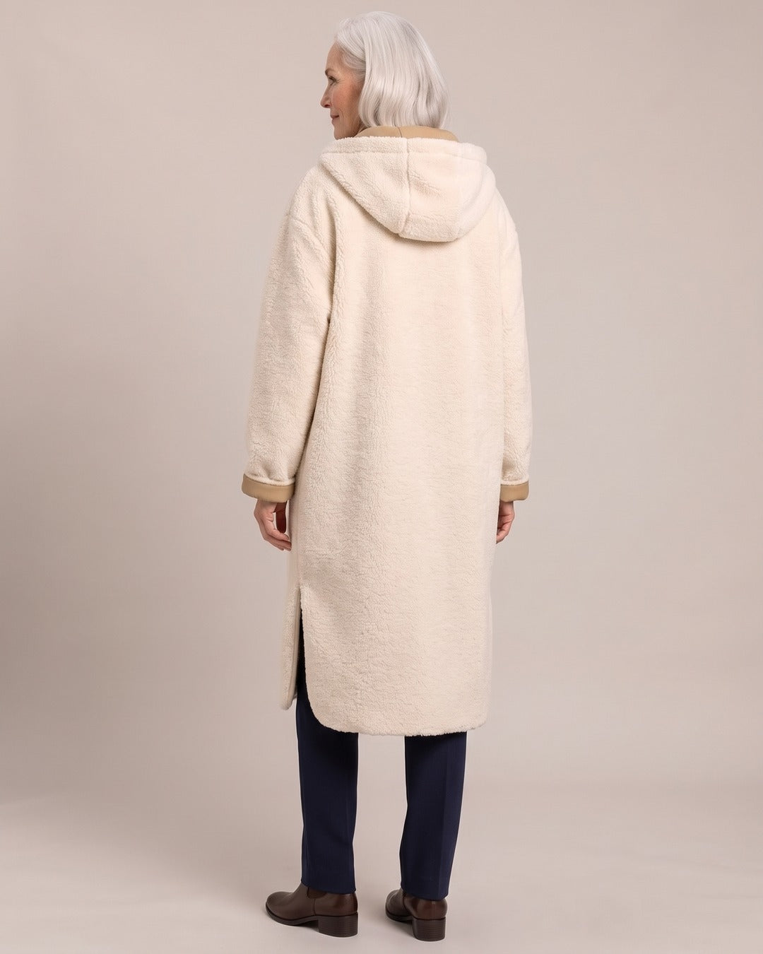 Hooded Longline Teddy Coat worn by a model, back view