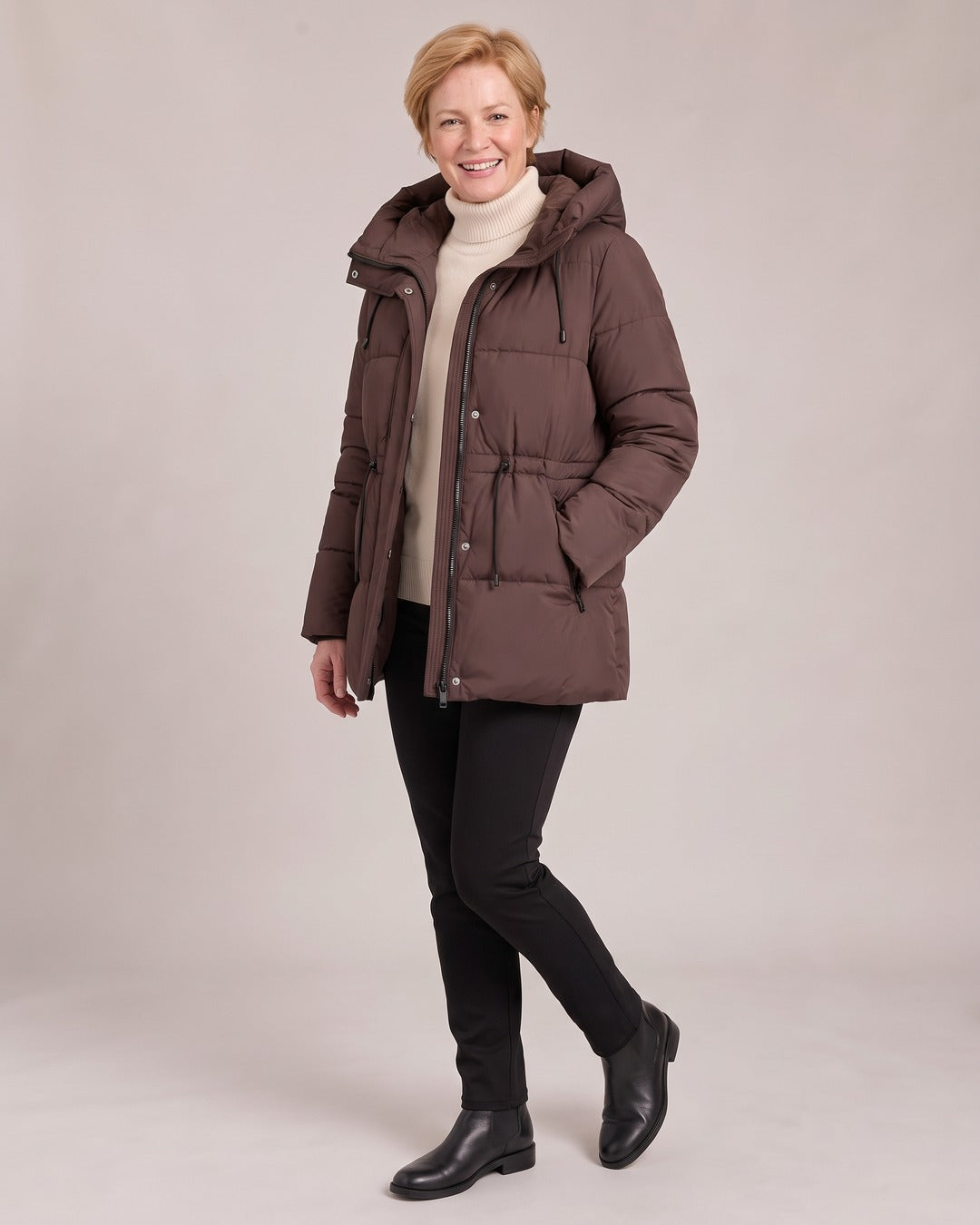 Quilted Puffer Jacket worn by a model, Coffee