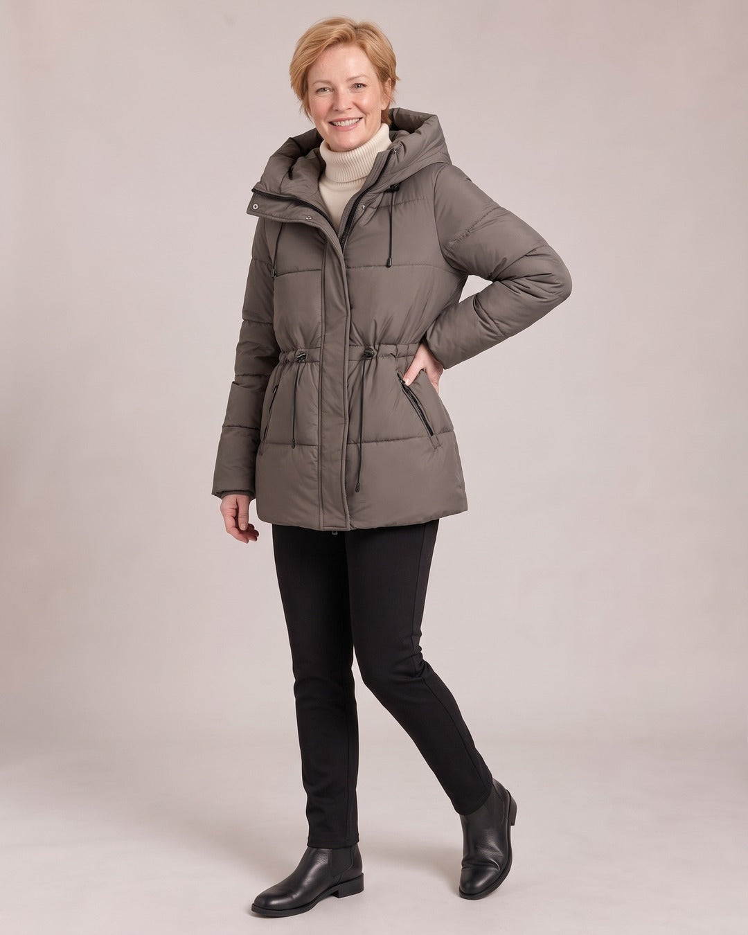 Quilted Puffer Jacket worn by a model, Grey