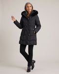 Long Puffer Coat with Faux-Fur Hood worn by a model