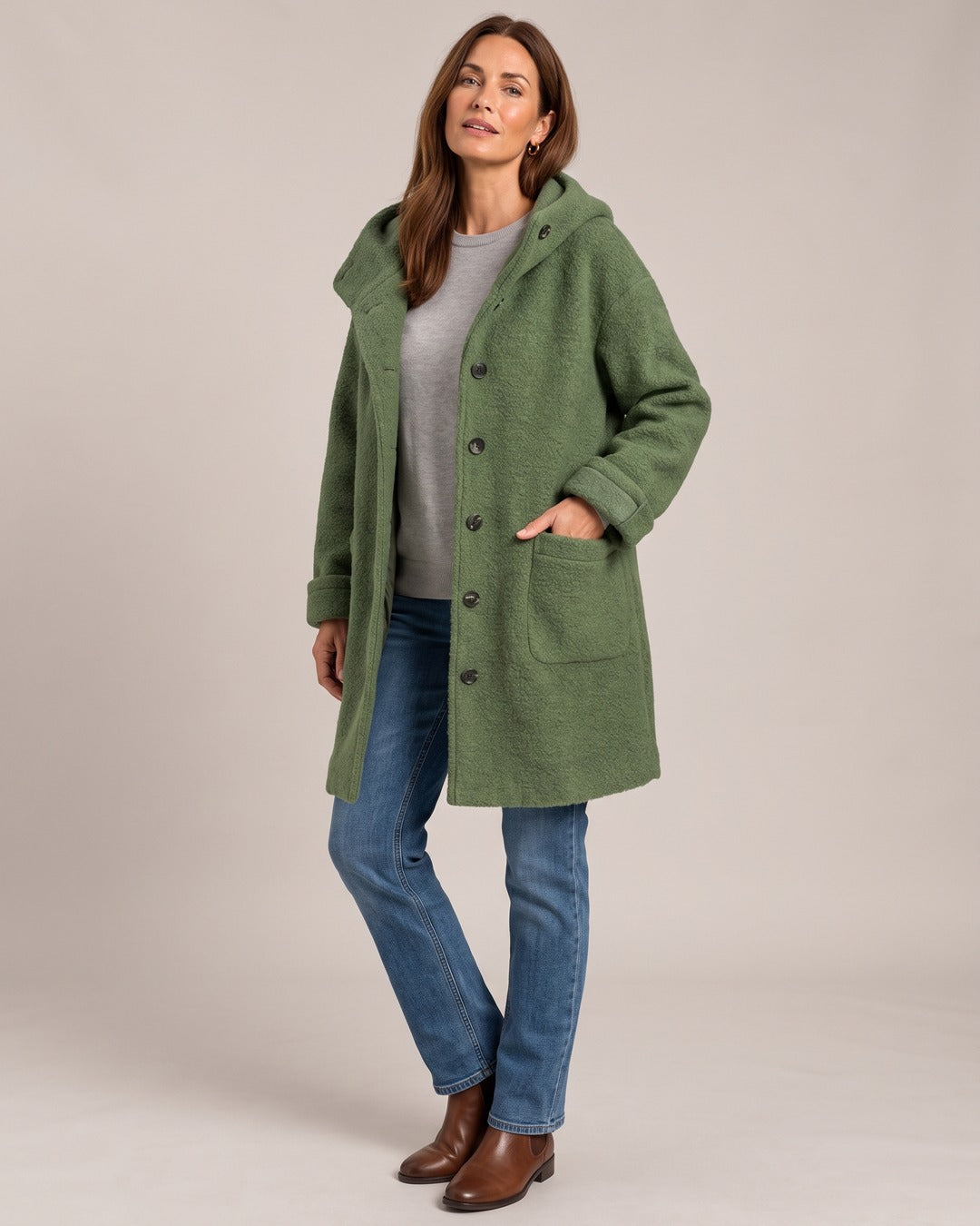 Hooded Longline Coat worn by a model