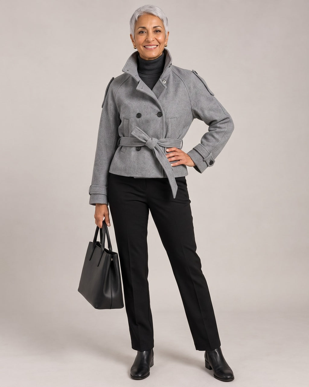 Funnel-Neck Belted Double-Breasted Jacket worn by a model