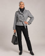 Funnel-Neck Belted Double-Breasted Jacket worn by a model