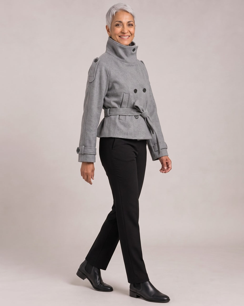 Funnel-Neck Belted Double-Breasted Jacket worn by a model, side view
